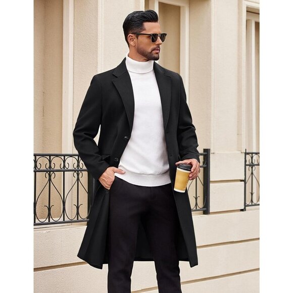 Men’s Long Trench Coat Single-Breasted Wool Blend Overcoat with Notched Collar - Picture 3 of 6